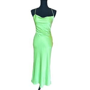Omnes Satin Midi Slip Dress Green Size 8 Cowl Lace Up Backless Bias Cut Bodycon
